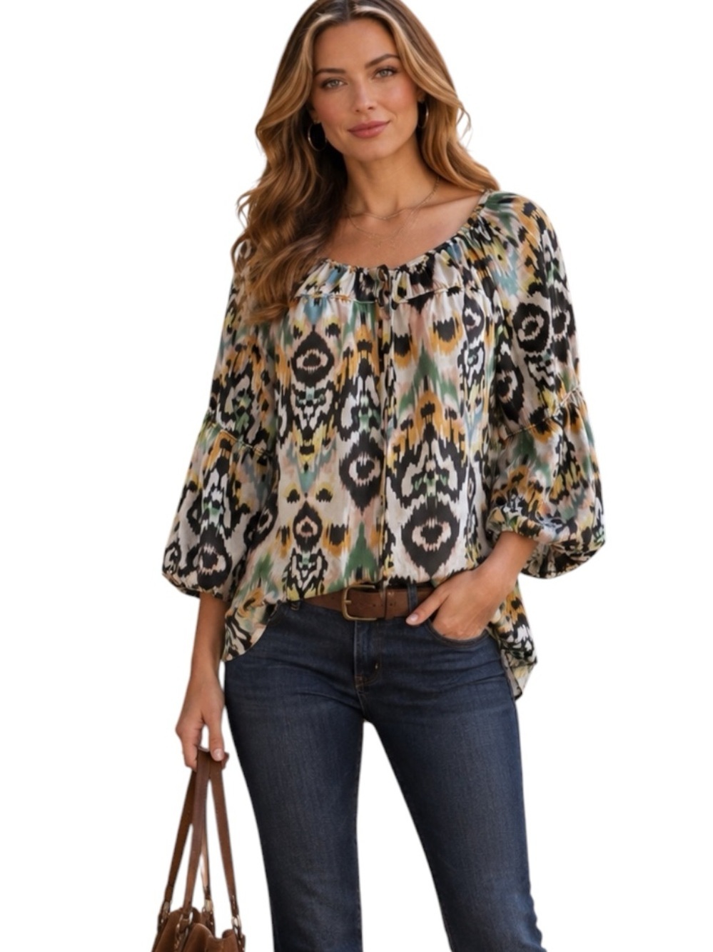 Anthropologie Vanessa Virginia | Silk Ikat Print Peasant Blouse Sz M EUC